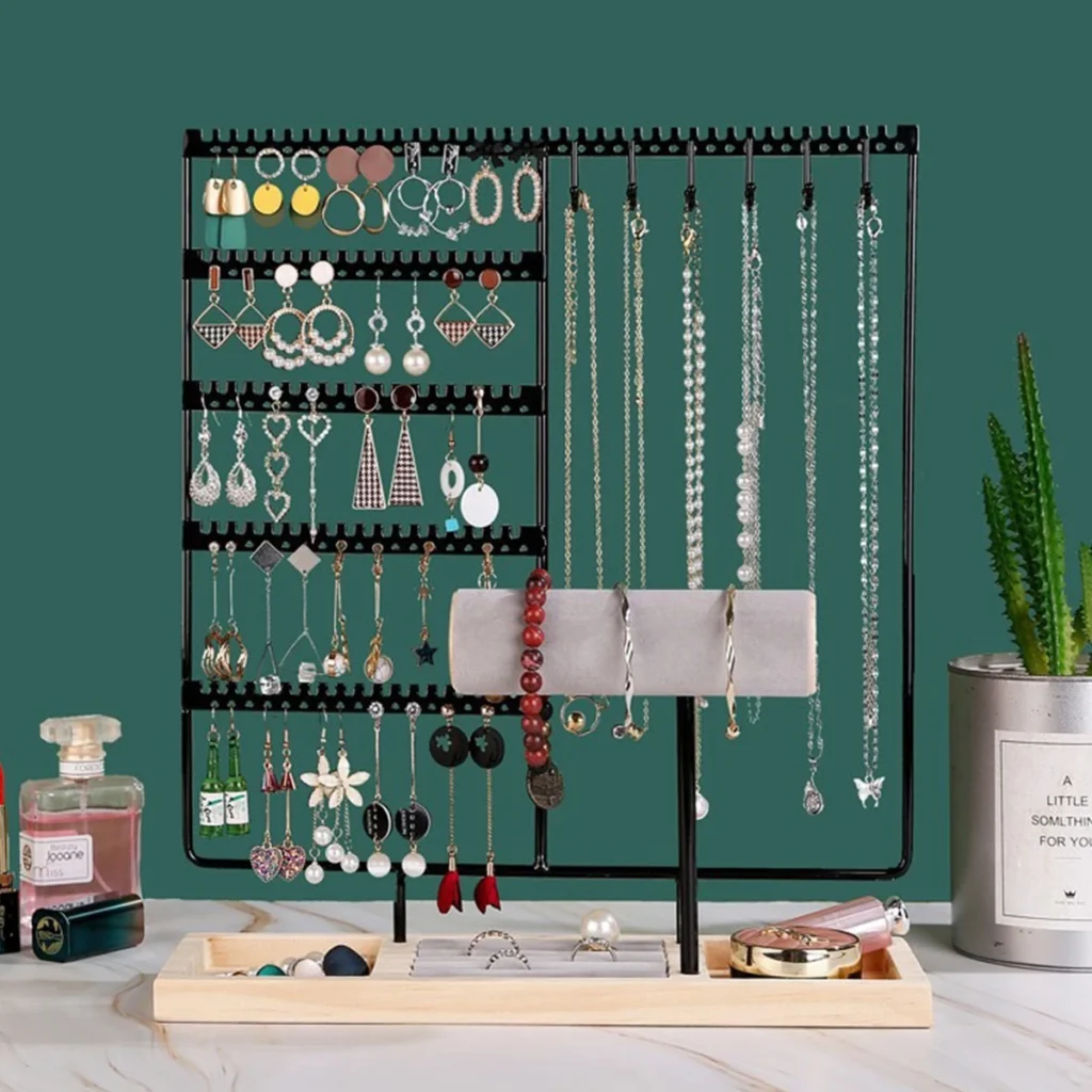 Metal Jewellery Stand with Wooden Tray