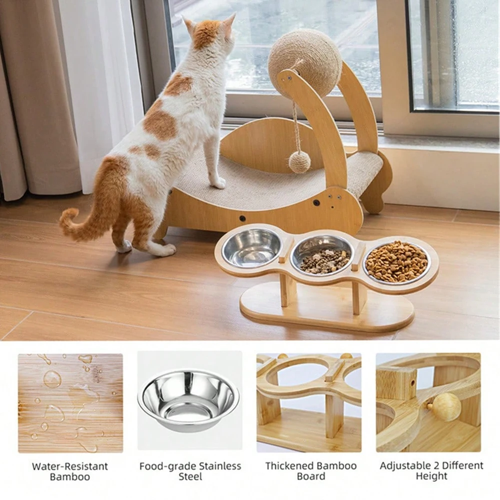 3-in-1 Raised Cat Feeder with Wooden Stand - Image 5