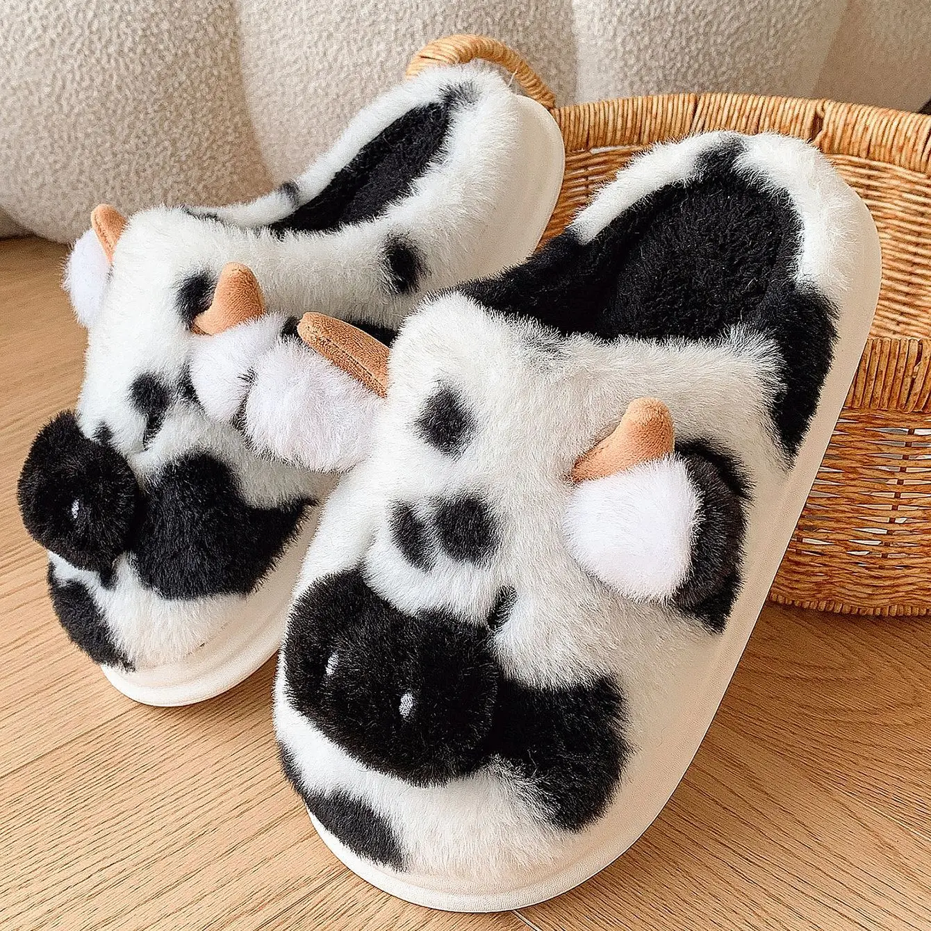 Fluffy Cartoon Cow House Slippers - Image 2